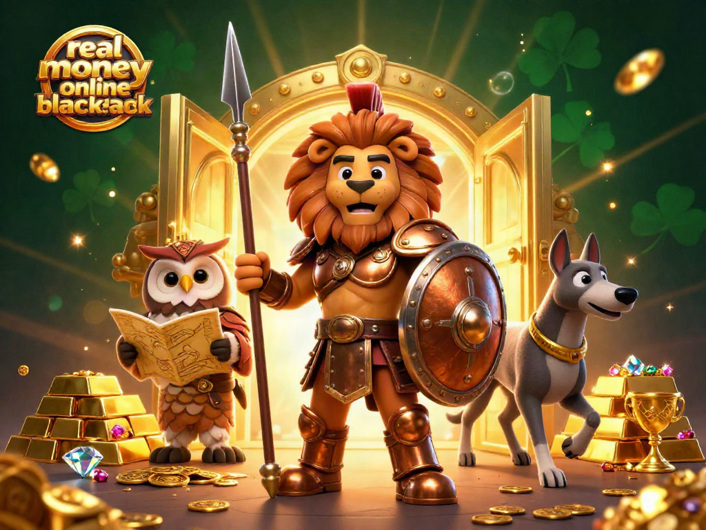 Experience real money online blackjack with a heroic Spartan lion and tactical owl in a treasure-filled scene.