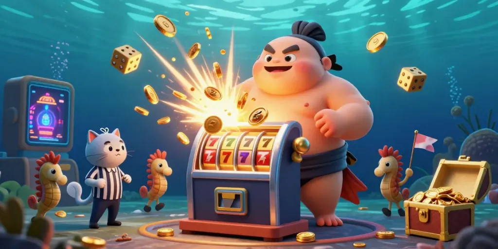 Menangkan jackpot di landaktoto dengan slot dan koin menyebar di sekitar pemandangan bawah laut.