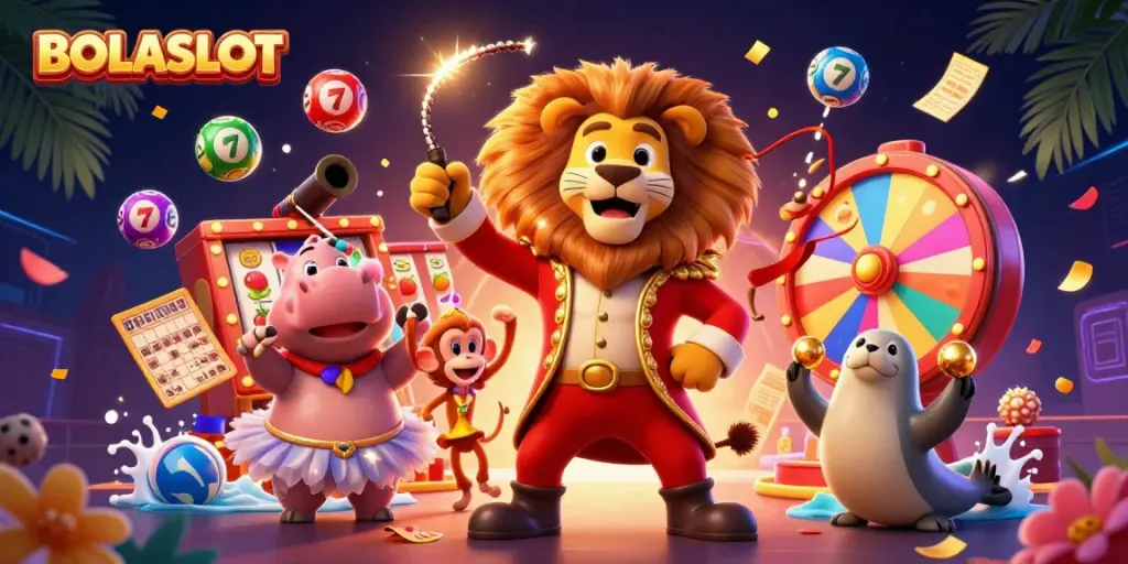 BOLASLOT features an energetic circus scene with a lion, hippo, monkey, and seal, surrounded by vibrant gambling elements.