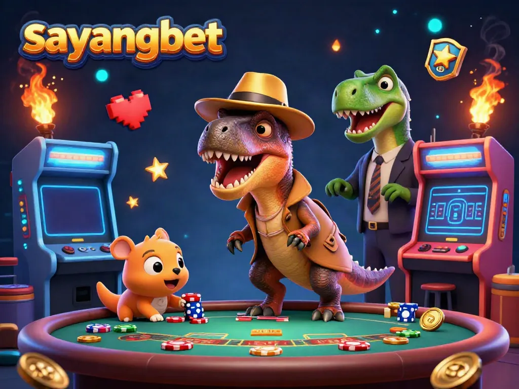 Experience thrilling gaming with sayangbet's vibrant casino scene, featuring a velociraptor at a blackjack table.