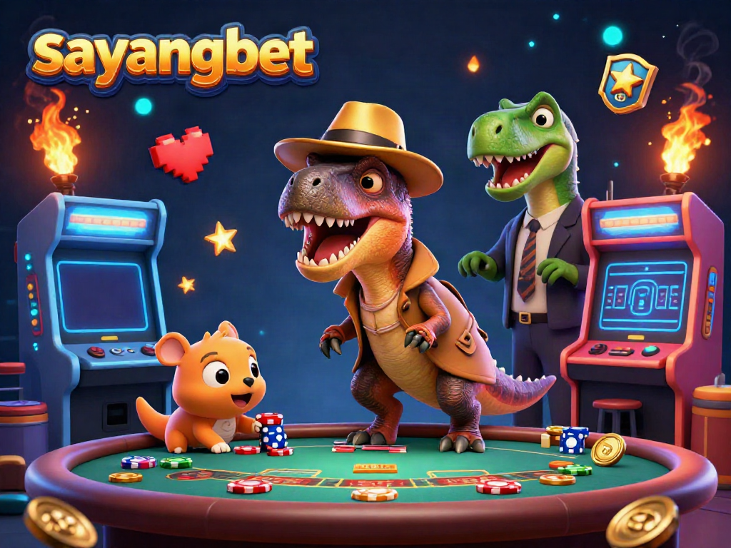 Experience thrilling gaming with sayangbet's vibrant casino scene, featuring a velociraptor at a blackjack table.