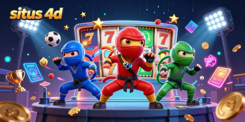 Situs 4d showcases ninja chameleons performing martial arts amidst vibrant casino elements.