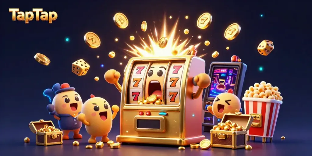 Experience the excitement of TapTap as slot machines celebrate a jackpot victory with flying coins and vibrant energy.