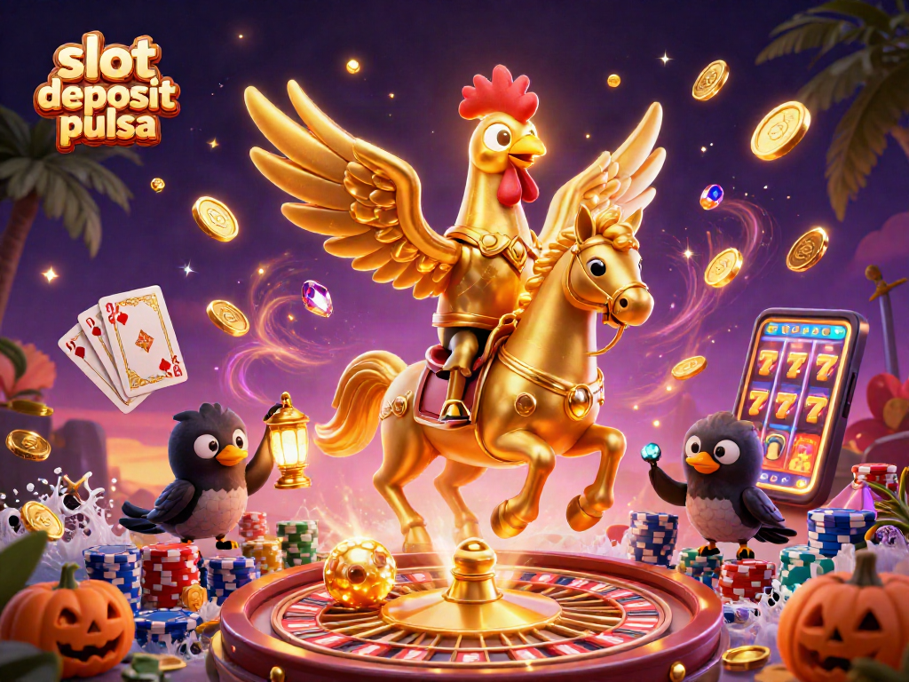 Experience the thrill of slot deposit pulsa as golden coins cascade in a vibrant casino scene.