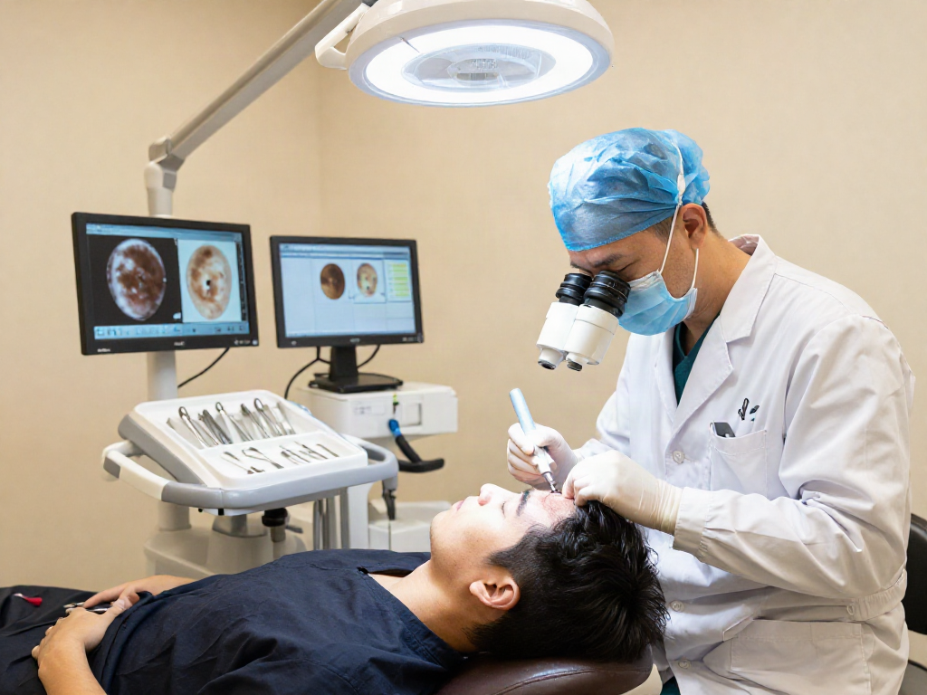 Hair transplant turkey price consultation in a professional clinic with surgeon and patient in a bright, sterile environment.