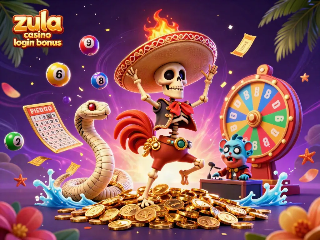 Experience the zula casino login bonus with a lively 3D scene of characters celebrating amidst vibrant casino elements.