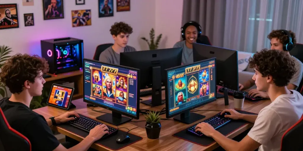 Exciting slot777 online gaming scene featuring diverse players engaged in thrilling gameplay at home, showcasing colorful setups and vibrant game graphics.