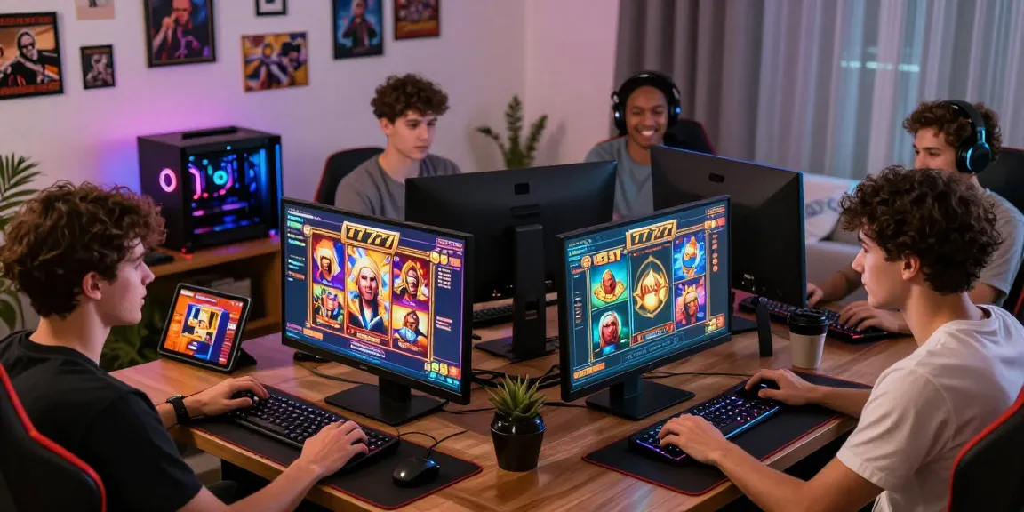 Exciting slot777 online gaming scene featuring diverse players engaged in thrilling gameplay at home, showcasing colorful setups and vibrant game graphics.