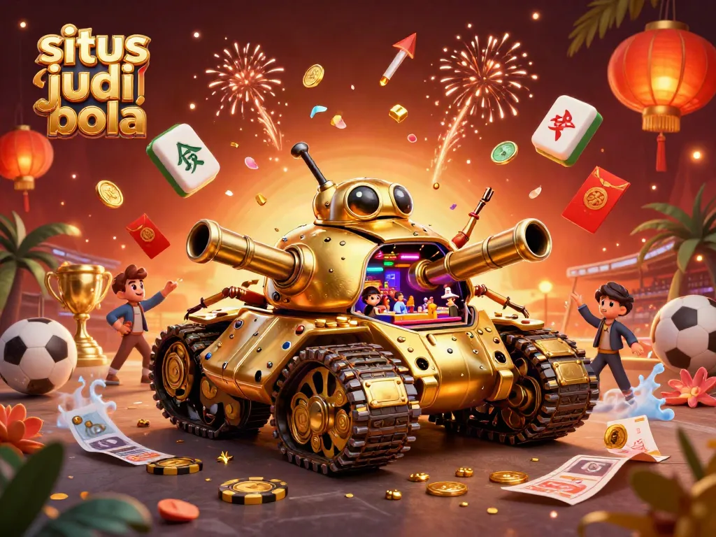 Engage with situs judi bola through a dynamic scene with a gold beetle tank casino, sports elements, and festive decorations.