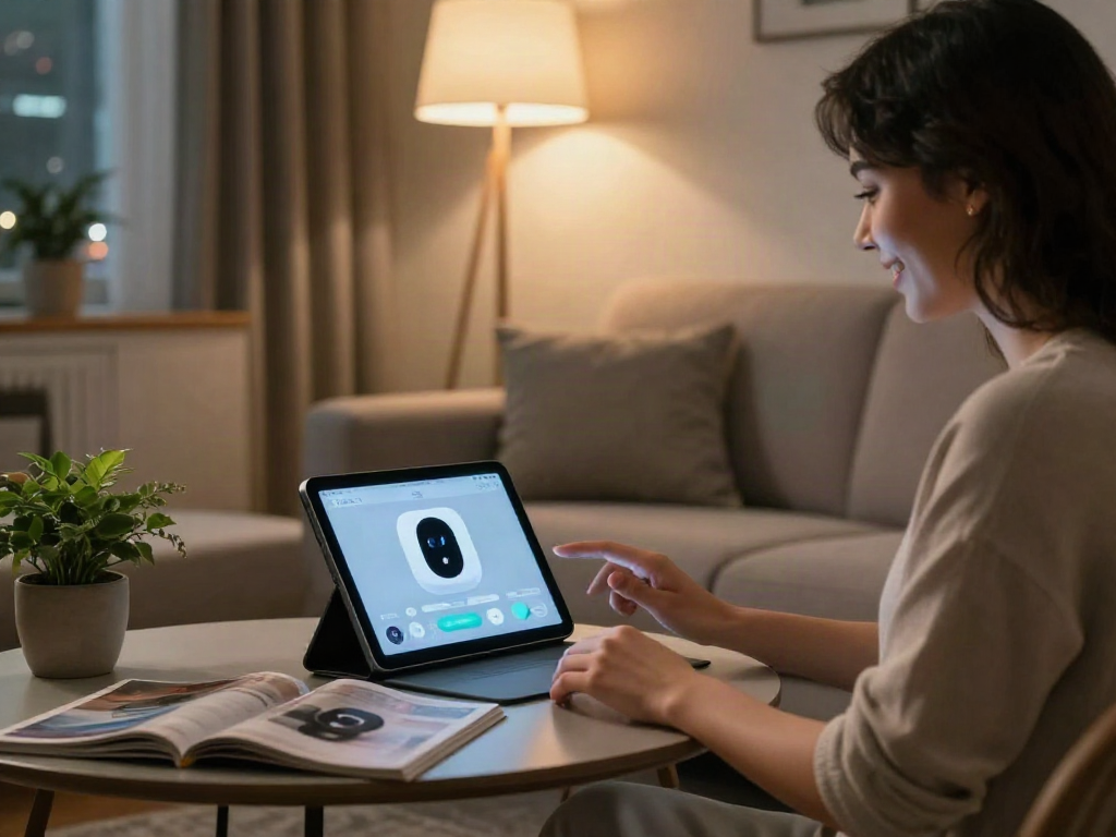 Person interacting with a sex bot on a tablet in a cozy home environment, showcasing modern tech.