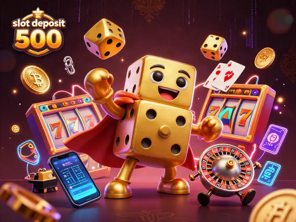 Play to win with slot deposit 500 in this vibrant casino-themed 3D illustration.