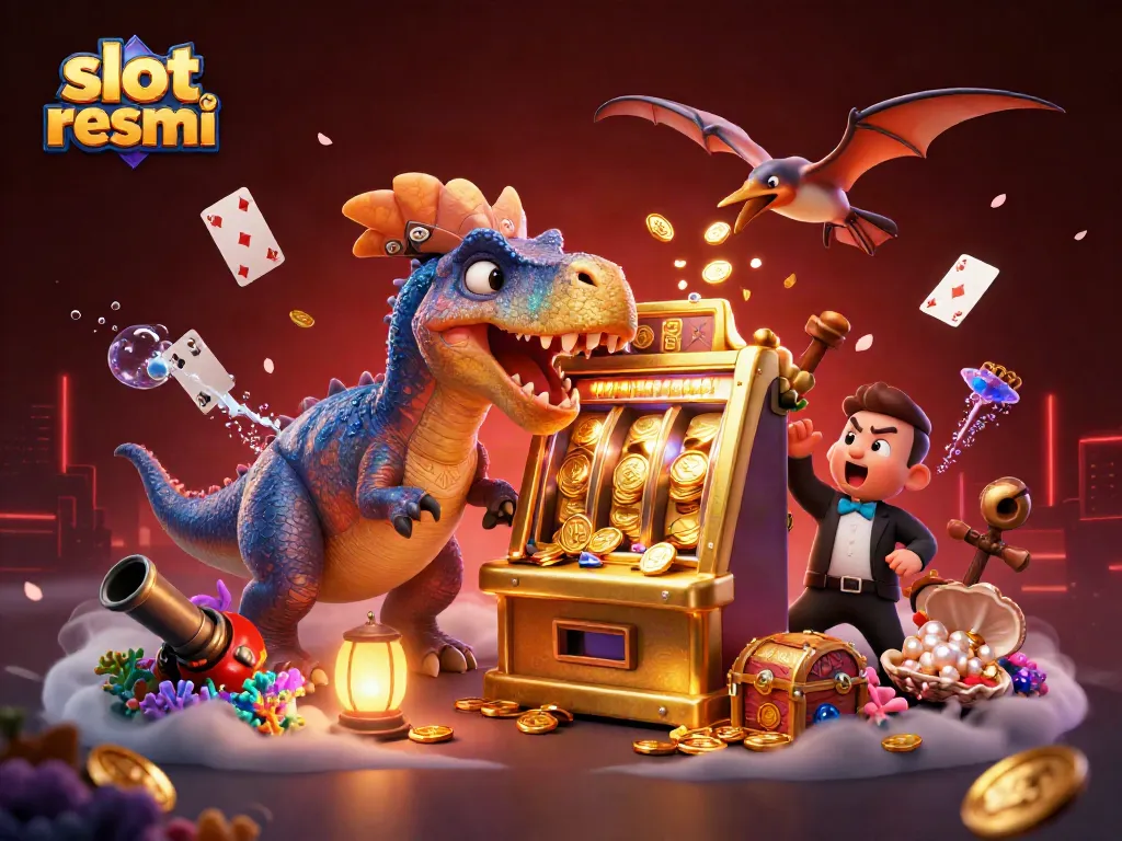 Catch the jackpot with slot resmi while a dinosaur plays and coins fly in this thrilling casino scene.