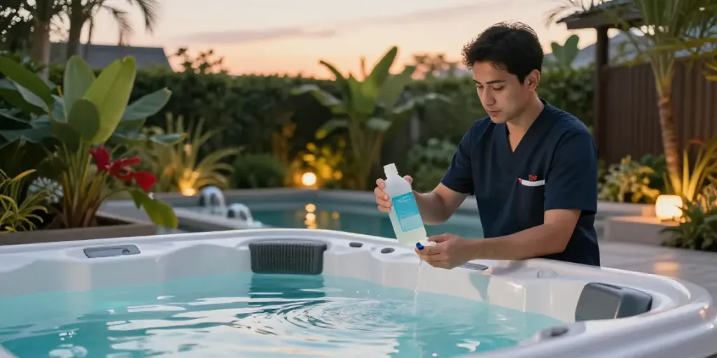 Spa Filter & Chemical Sydney expert technician checks hot tub water quality in serene outdoor setting.