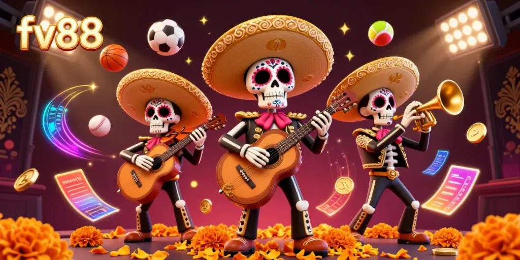 Experience the vibrant casino atmosphere of fv88 with a Day of the Dead mariachi band and dynamic sports elements.