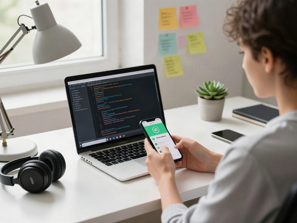 User engaging with GB WhatsApp on smartphone in a modern workspace, featuring laptop and bright decor.