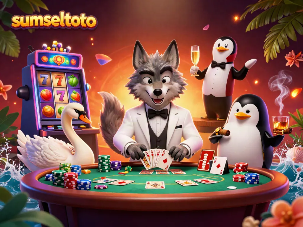 Experience excitement with sumseltoto at a lively baccarat table featuring vibrant slot elements and animated characters.