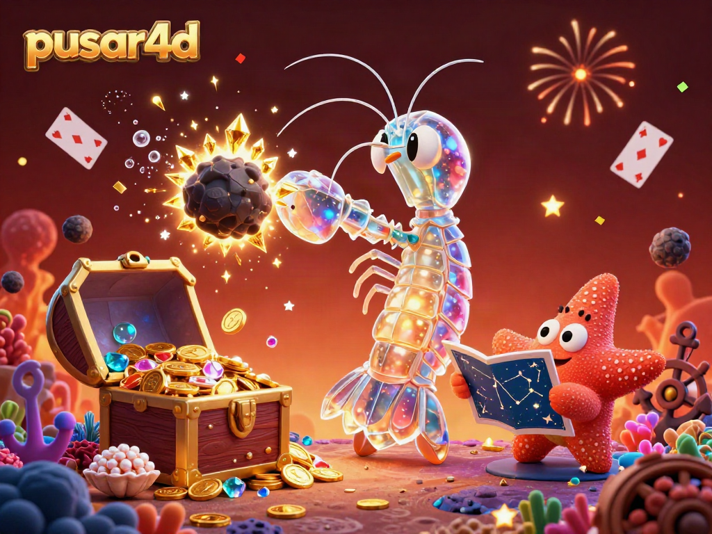Experience the excitement of pusar4d with a galactic samurai shrimp battling for treasures among vibrant coral reefs and sparkling gems.