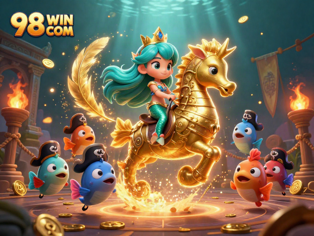 Experience the vibrant casino world of 98 WIN COM with a mermaid princess and seahorse in a thrilling underwater adventure.