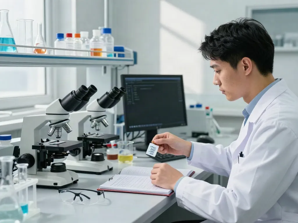Researcher analyzing BPC-157 TB-500 blend for sale in a bright laboratory.