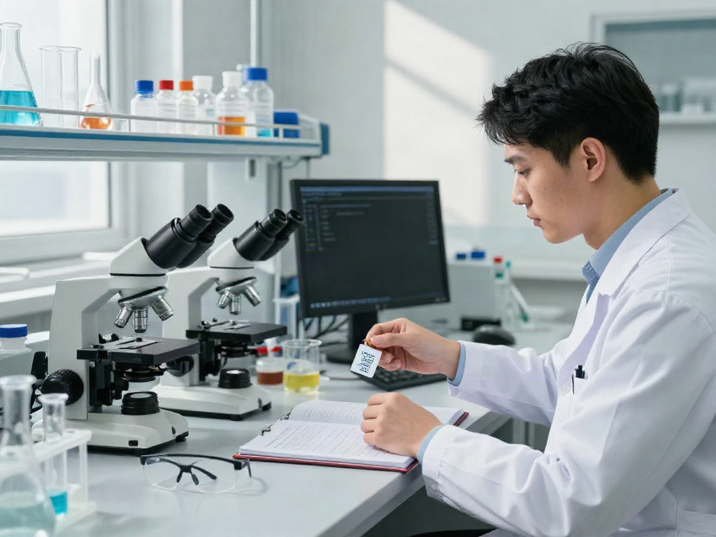 Researcher analyzing BPC-157 TB-500 blend for sale in a bright laboratory.