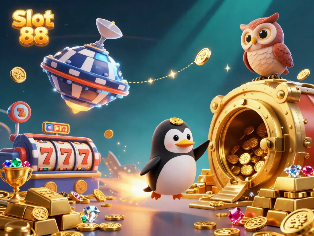 Experience thrilling Slot 88 action with a golden penguin soaring in a vibrant casino universe full of treasures.