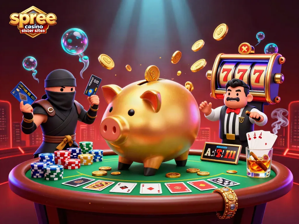 Engage with spree casino sister sites through this energetic 3D illustration of a sumo wrestler and ninja characters around casino elements.
