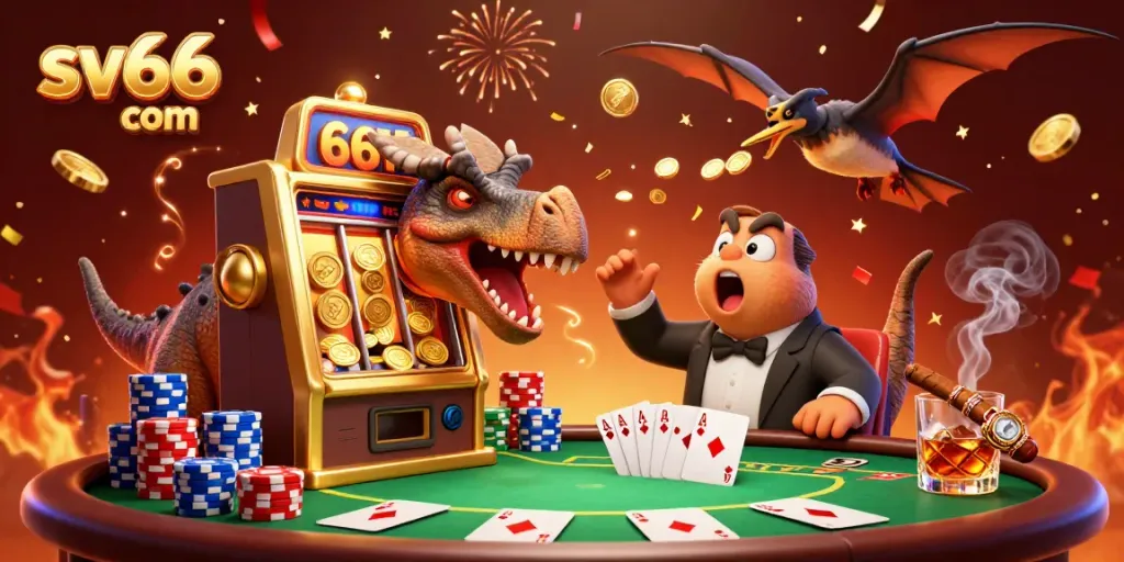 Experience the excitement at sv66 com with a dinosaur celebrating a jackpot victory in a dynamic casino scene.