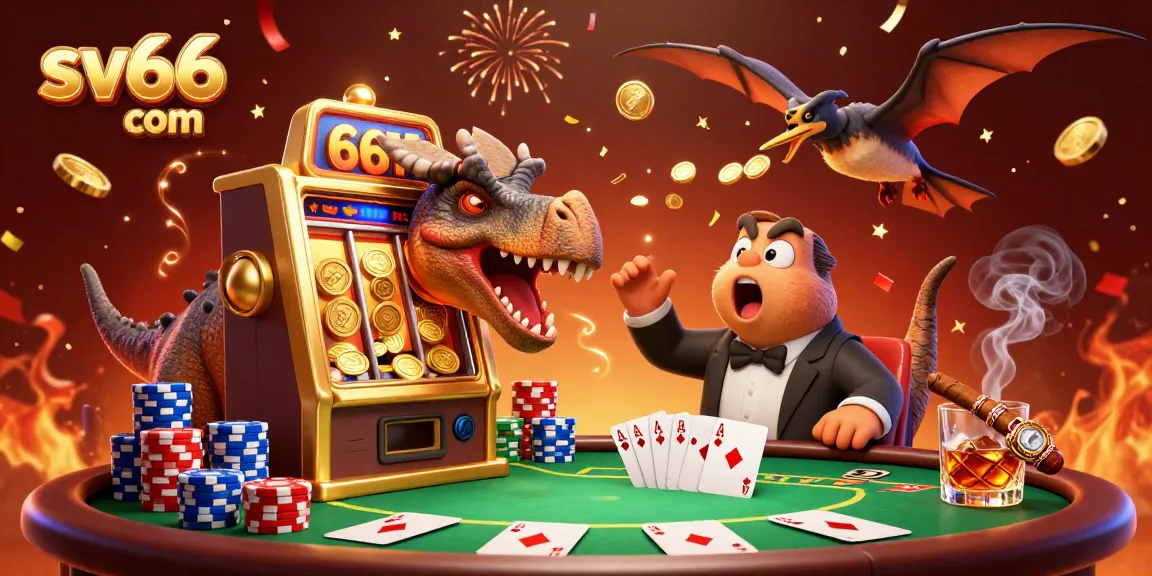 Experience the excitement at sv66 com with a dinosaur celebrating a jackpot victory in a dynamic casino scene.