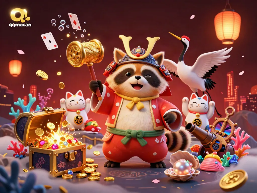 Experience excitement with qqmacan's cheerful tanuki and lucky symbols in a dynamic casino scene.