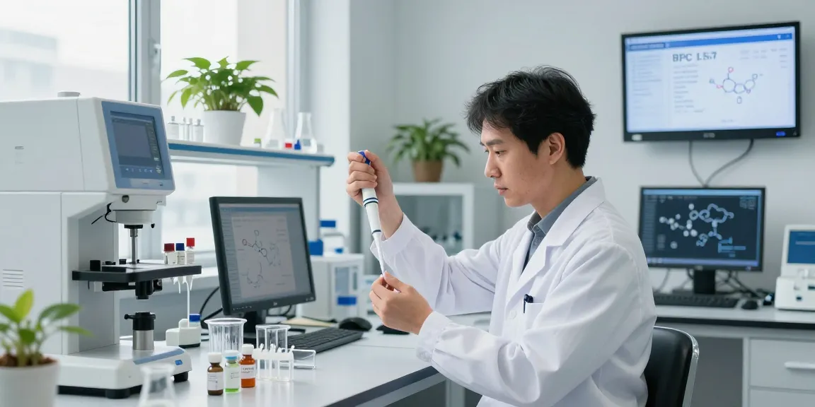 BPC 157 Benefits preparation scene in a modern lab with a scientist measuring precise dosages