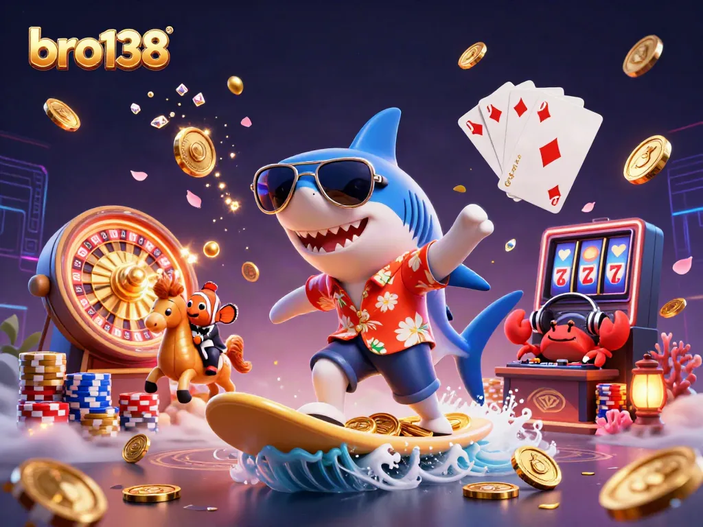 Watch the thrilling action unfold in bro138 as a hammer-head shark surfs on a wave of gold coins.