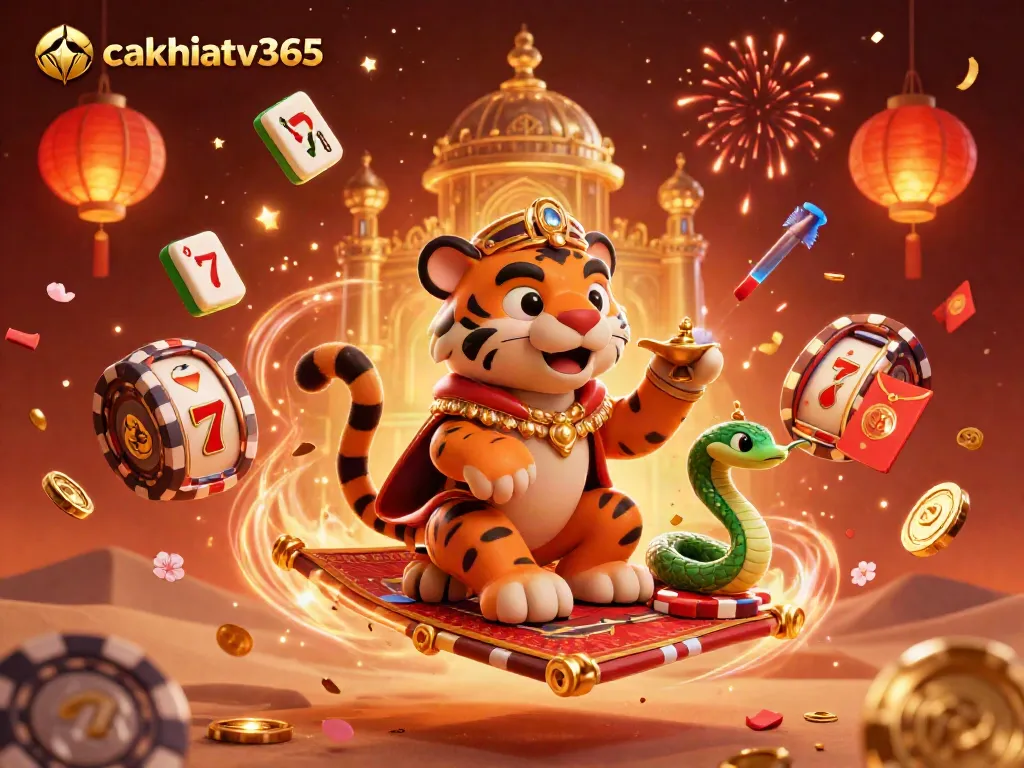 Cakhiatv365 showcases a vibrant 3D casino scene with slot reels, golden jackpots, and festive elements.