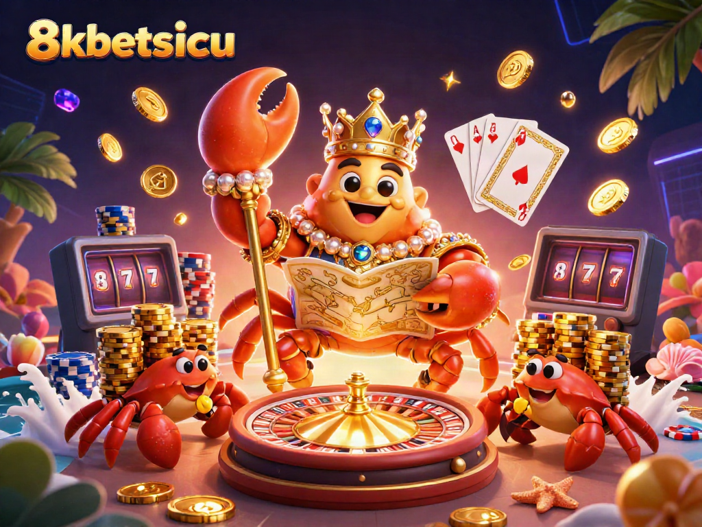 Experience the excitement of 8xbets icu with a golden crab emperor in a vibrant casino scene.