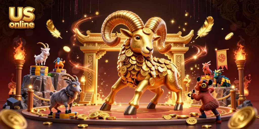 Experience the excitement of us online casino gaming with a golden charging ram at a lavish entrance.