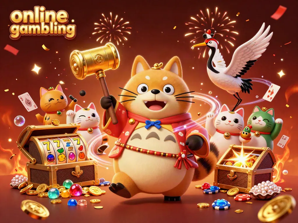 Explore exciting online casino gambling with a cheerful tanuki, crane, and colorful maneki-neko in a vibrant celebration.