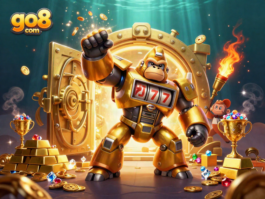 Experience the excitement of go8 com with a dynamic casino scene featuring a golden gorilla mech, slot machine elements, and treasures.