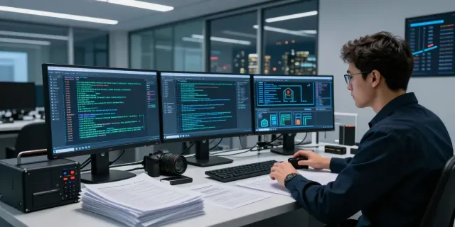 Cybercrime investigation setup featuring an investigator analyzing data and evidence in a high-tech forensic lab.