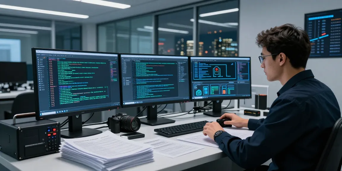 Cybercrime investigation setup featuring an investigator analyzing data and evidence in a high-tech forensic lab.