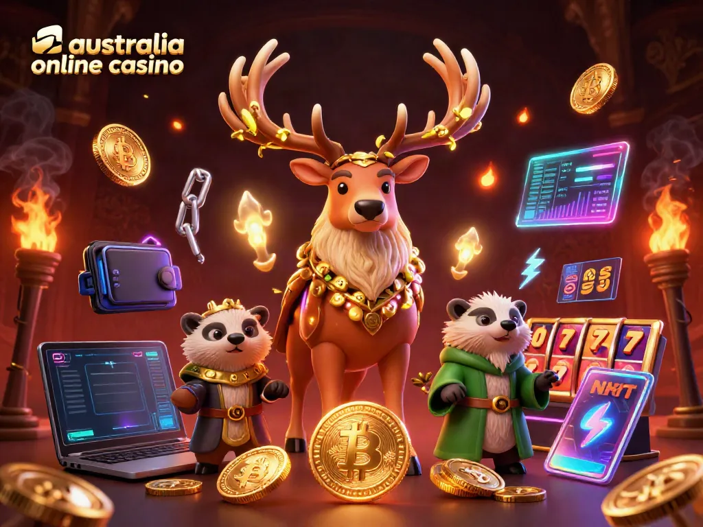 Experience the excitement of the australia online casino with vibrant characters and cryptocurrency elements.