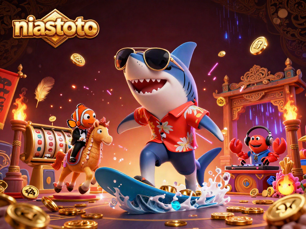 Engage with niastoto as a shark surfs on coins amidst 3D game elements in an exhilarating casino scene.