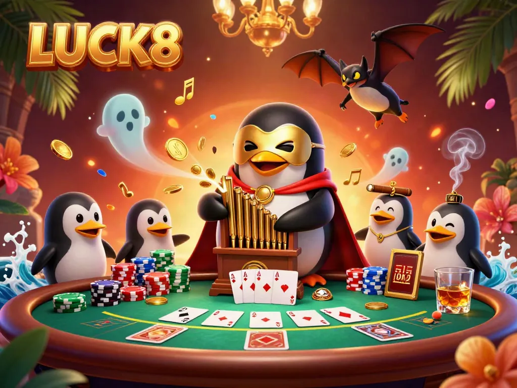 Experience LUCK8 in a vibrant casino scene with golden coins, poker elements, and 3D characters.