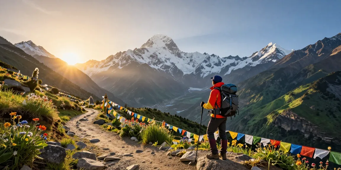 Manaslu Circuit Trek hiker enjoying stunning mountain views during sunset